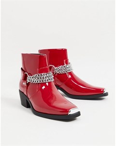 Красные лакированные ботинки челси в стиле вестерн на кубинском каблуке с серебристой цепочкой Asos design