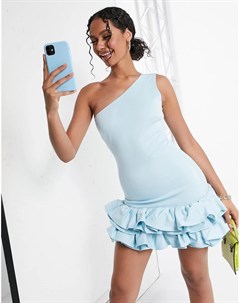 Голубое приталенное платье мини на одно плечо с оборкой Moda minx