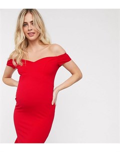 Эксклюзивное красное платье футляр с открытыми плечами и оборкой Maternity Queen bee