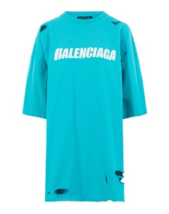 Голубая футболка с разрезами и логотипом Balenciaga