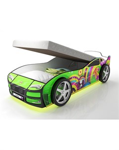 Кровать машина карлсон турбо с подъемным механизмом объемными колесами подсветкой дна и фар зеленый  Magic cars