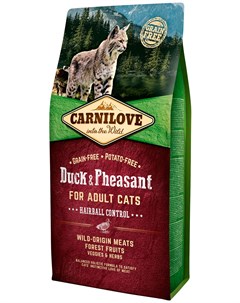 Carnilove Cat Adult Hairball Control Duck Pheasant беззерновой для взрослых кошек для вывода шерсти  Brit*