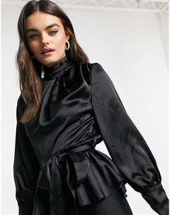 Черная присборенная блузка из атласной ткани с завязкой River island