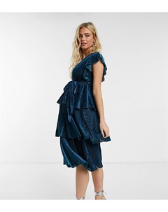 Бархатное многоярусное платье миди сине бирюзового цвета в полоску Little mistress maternity