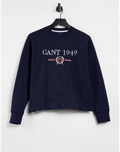 Темно синий свитер с круглым вырезом и гербом Gant