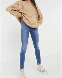 Синие выбеленные джинсы скинни с завышенной талией и потертостями Sophia Vero moda