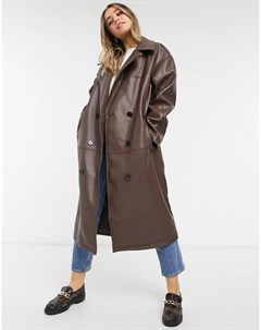 Коричневое пальто в стиле oversized из искусственной кожи Asos design