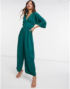 Комбинезон с рукавами кимоно и широкими штанинами темно зеленого цвета Asos design