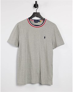 Серая меланжевая футболка из пике с кантом в полоску и логотипом игрока в поло Polo ralph lauren