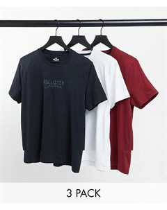 Набор из 3 футболок белого красного черного цветов с логотипом по центру Hollister
