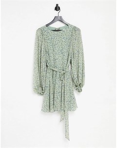 Зеленое платье мини с открытой спиной объемными рукавами завязкой на талии и мелким цветочным принто Forever new