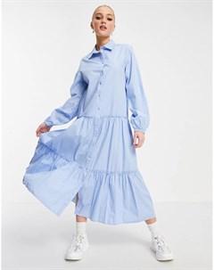 Голубое поплиновое платье рубашка миди Stradivarius