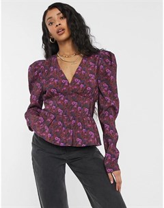 Фиолетовая приталенная блузка с цветочным принтом Na-kd