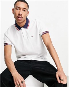 Белая футболка поло из ткани пике в рубчик с жаккардовым воротником и логотипом на манжетах Tommy jeans