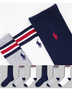 Набор из 6 пар носков серого темно синего белого цвета с логотипом в виде наездника Polo ralph lauren