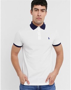 Белая узкая футболка поло из пике с контрастным воротником и логотипом Polo ralph lauren