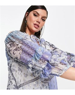 Голубая блузка с цветочным принтом в стиле пэчворк и приспущенными рукавами River island plus