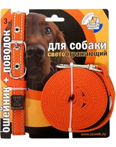 Ошейник и поводок 20 мм для собак капроновый светоотражающий оранжевый 3 м 1 шт Зооник