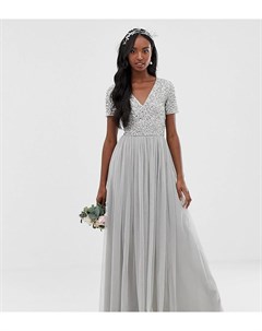 Серебристое платье макси из тюля с V образным вырезом Bridesmaid Maya tall