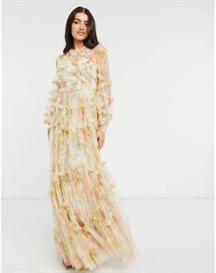 Платье макси с длинными рукавами с 3D эффектом и смешанным цветочным принтом Needle & thread
