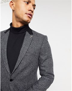 Приталенный пиджак угольно серого цвета с контрастным лацканом и узором гусиная лапка Shelby & sons