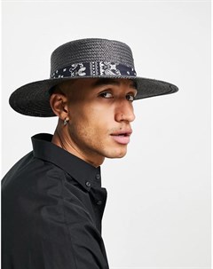 Черная соломенная шляпа регулируемого размера с широкими полями и лентой с узором пейсли Asos design