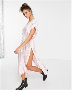 Платье миди с присборенной юбкой завязкой на поясе и узором в розовую полоску En crème