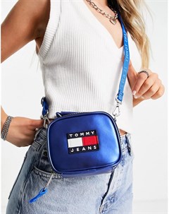 Маленькая голубая сумка с эффектом металлик и логотипом Tommy jeans