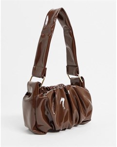 Коричневая лакированная сумка на плечо со сборками и ремешком с металлическими элементами в стиле 70 Asos design