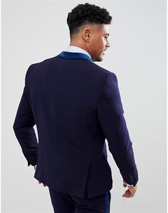 Темно синий приталенный пиджак с бархатными лацканами Boohooman