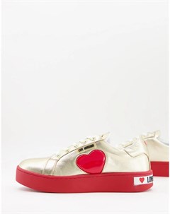 Золотисто красные кроссовки на плоской платформе с сердечками Love moschino