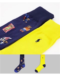 Набор из 2 пар носков темно синего желтого цвета со сплошным принтом медведей Polo ralph lauren