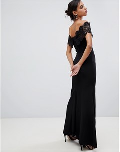 Черное платье макси с широким вырезом и кружевом True decadence