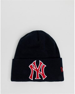 Темно синяя эксклюзивная шапка бини с красным логотипом NY в стиле ретро New era