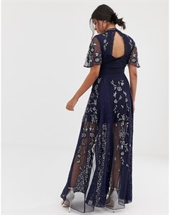 Темно синее кружевное платье макси с вышивкой Amelia rose