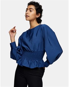 Темно синяя присборенная блузка Topshop