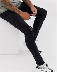 Черные выбеленные джинсы из органического хлопка со рваной отделкой и напылением Topman