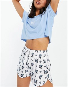 Голубая пижама из футболки и шорт с принтом бабочек Loungeable