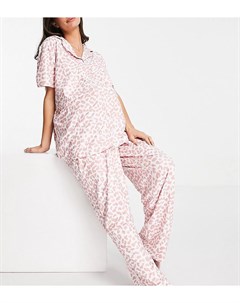Длинный пижамный комплект розового цвета с леопардовым принтом Maternity Plus Loungeable