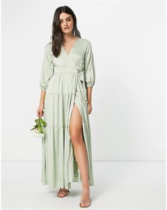 Длинное шалфейно зеленое платье подружки невесты на запахе с вырезом на спине Bridesmaid Y.a.s