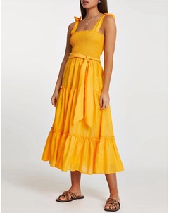 Оранжевое пляжное платье миди с оборками River island