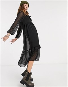 Черное шифоновое платье миди с оборками New look