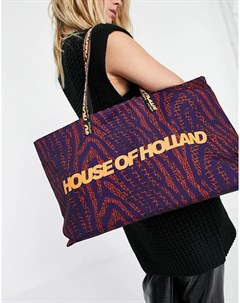 Большая сумка тоут темно синего цвета с оранжевым принтом логотипа House of holland
