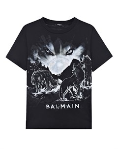 Черная футболка с принтом волки детская Balmain