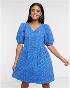 Синее стеганое свободное платье с пышными рукавами и цветочным принтом Vero moda
