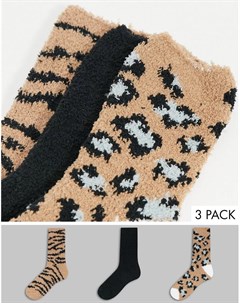 Набор из 3 пар пушистых носков для дома черного и бежевого цвета со звериным принтом Loungeable
