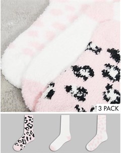 Набор из 3 пар пушистых носков для дома розового и белого цвета со звериным принтом Loungeable