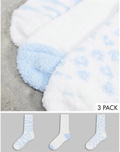 Набор из 3 пар пушистых носков для дома бледно голубого и белого цвета со звериным принтом Loungeable