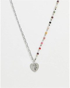 Серебристое ожерелье с цепочками и бусинами и с подвеской в виде сердечка Pieces