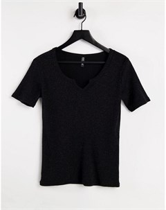 Черная футболка с блестками и V образным вырезом Divi Pieces